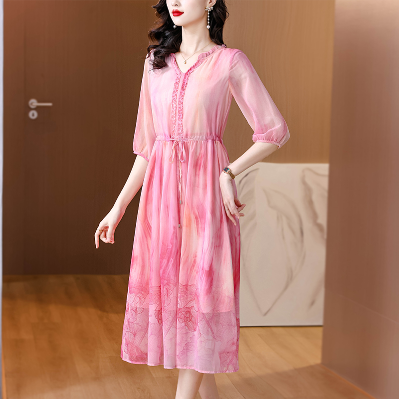 Real silk France style dress elegant summer long dress