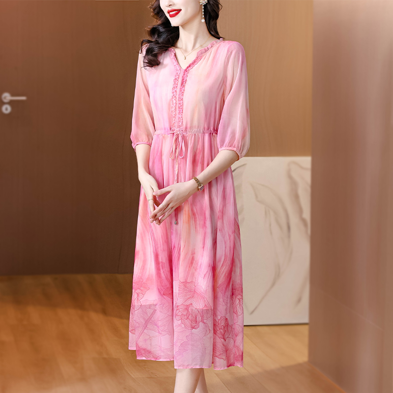 Real silk France style dress elegant summer long dress