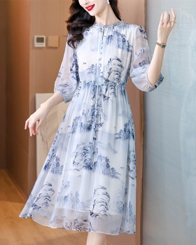 Round neck real silk temperament dress for women