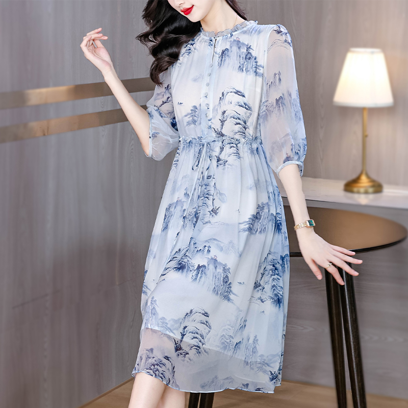 Round neck real silk temperament dress for women