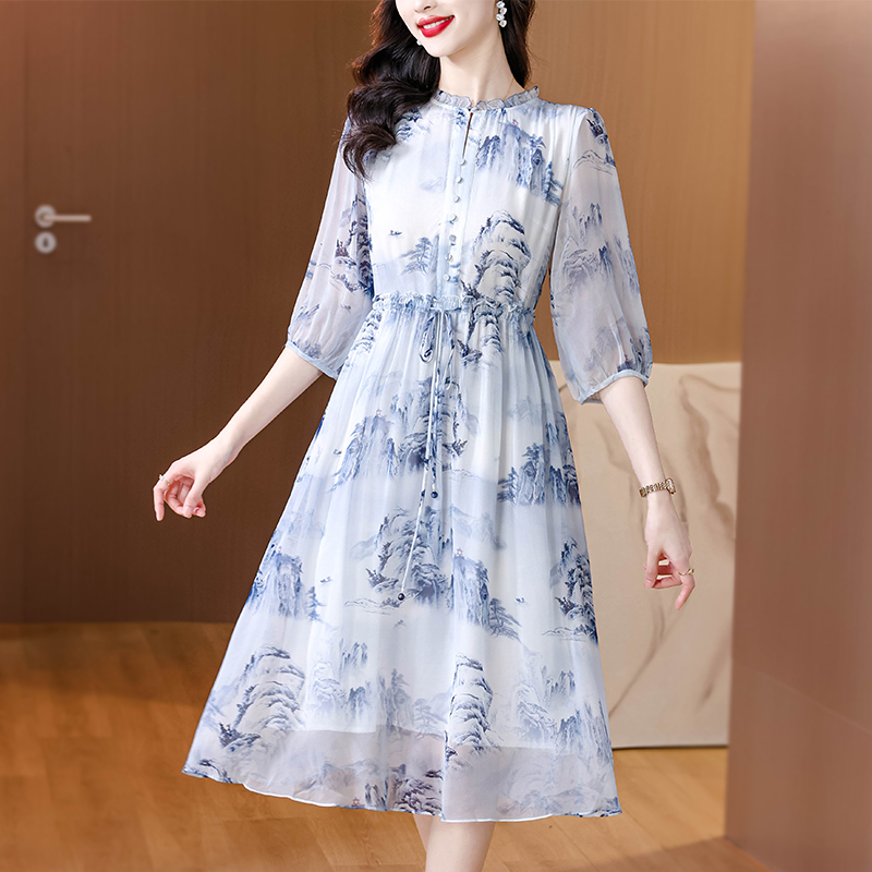 Round neck real silk temperament dress for women