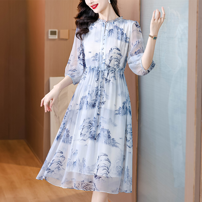 Round neck real silk temperament dress for women