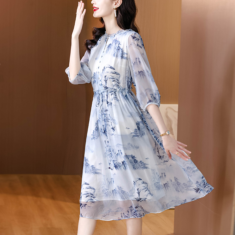 Round neck real silk temperament dress for women