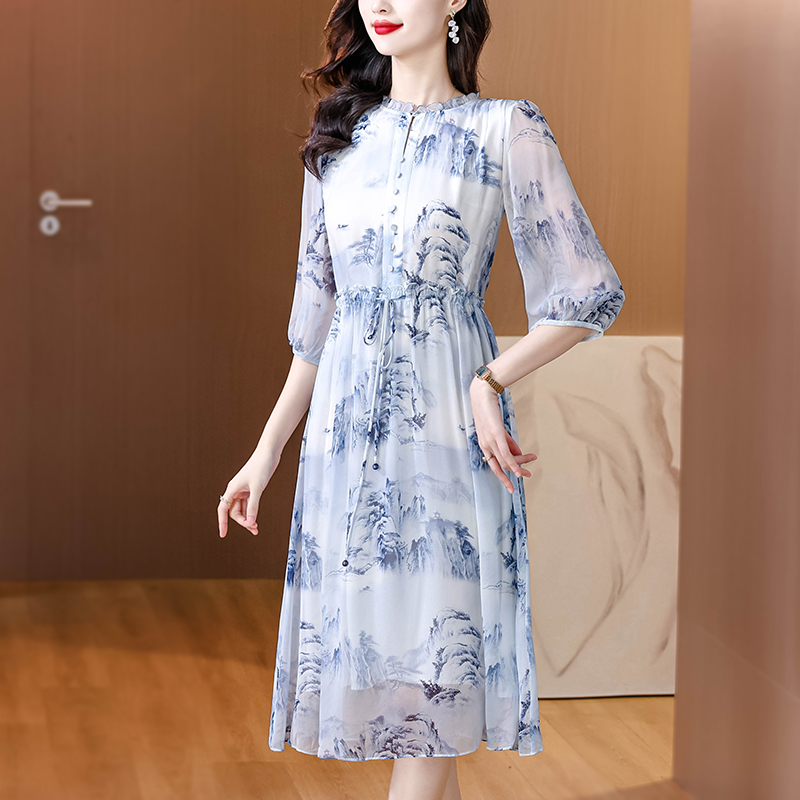 Round neck real silk temperament dress for women