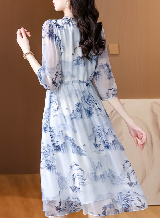 Round neck real silk temperament dress for women