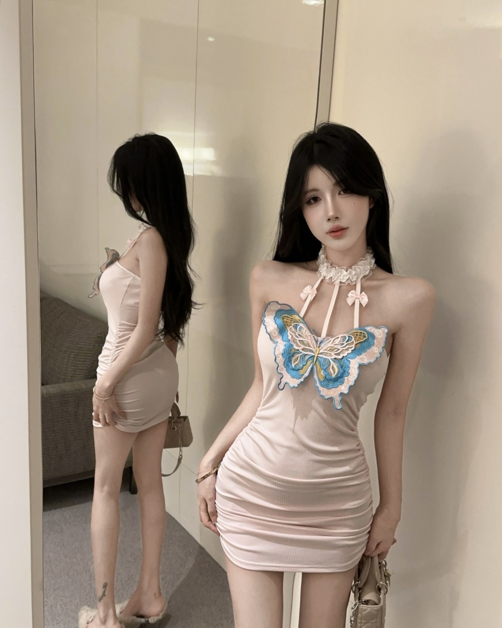 Butterfly pink tight stereoscopic sexy package hip dress