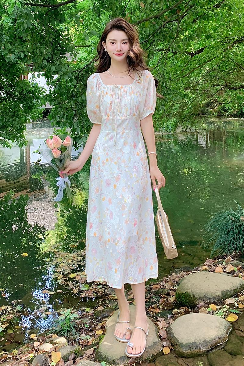 Square collar fashion floral long dress