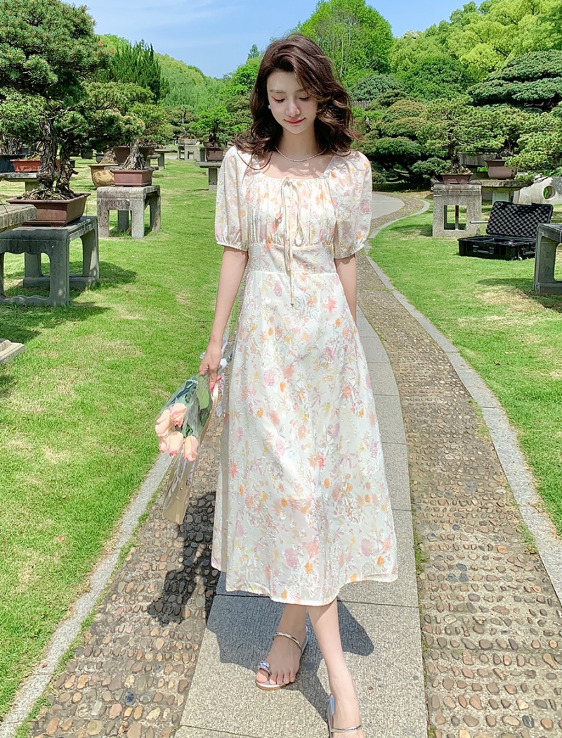 Square collar fashion floral long dress