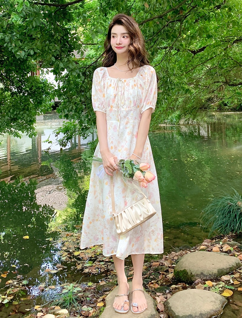 Square collar fashion floral long dress