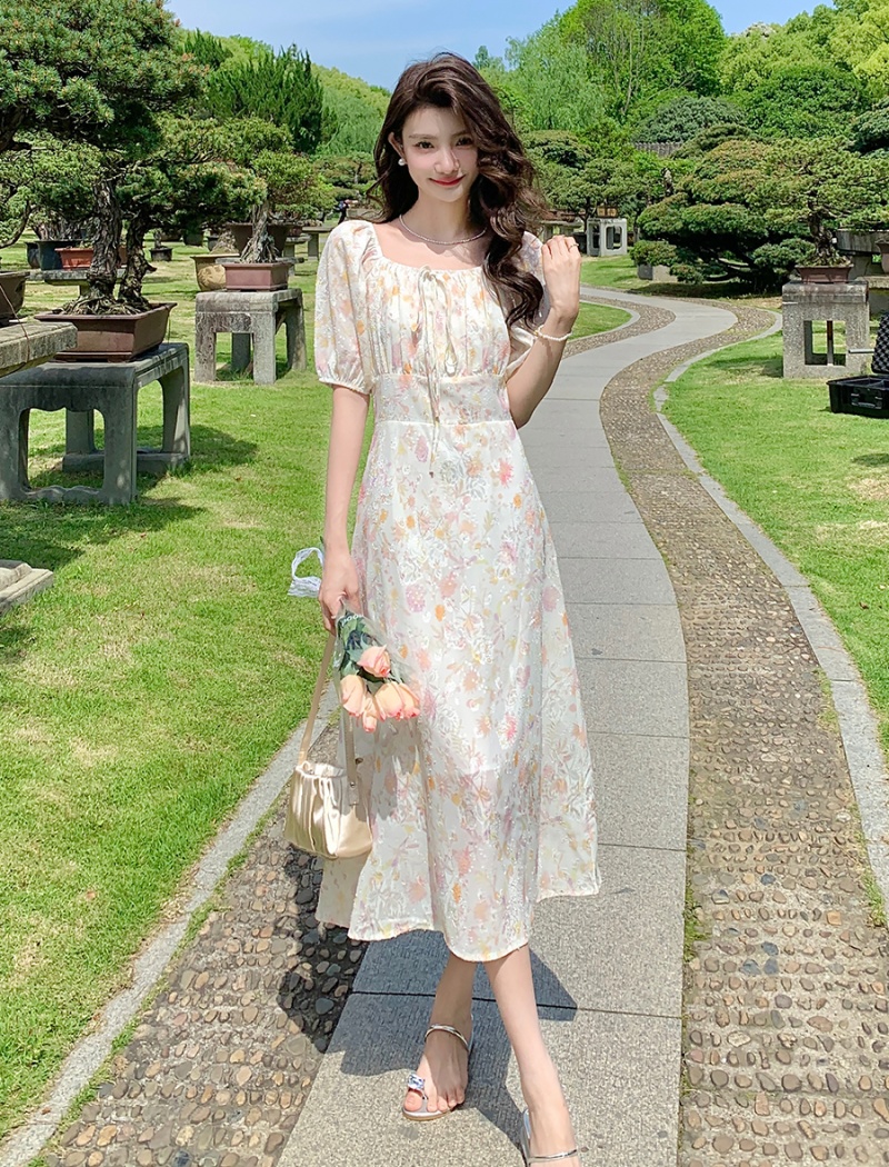 Square collar fashion floral long dress