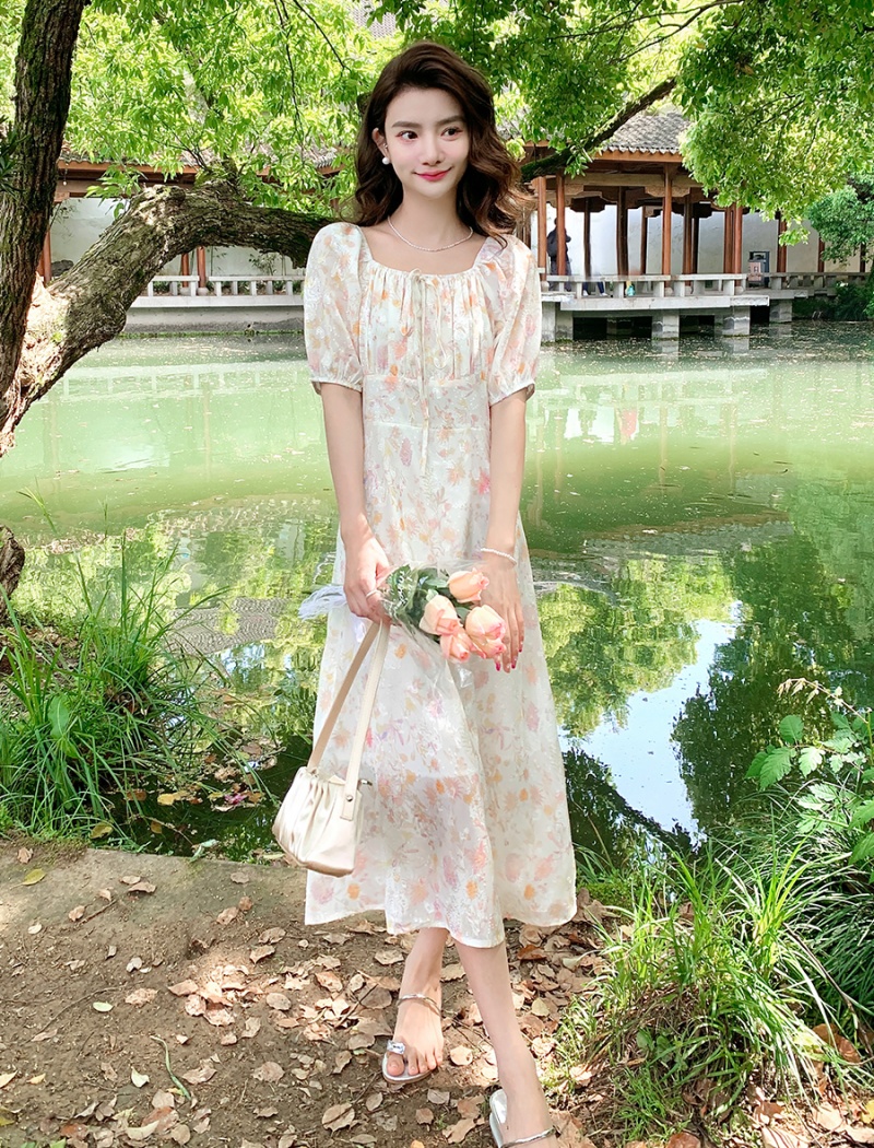 Square collar fashion floral long dress