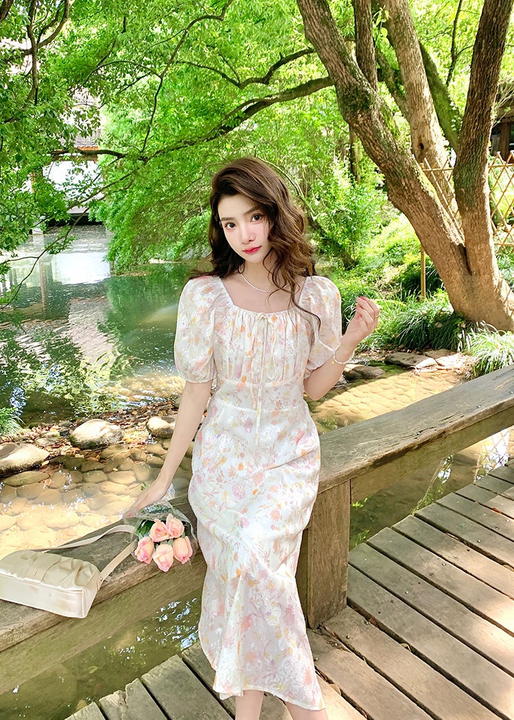 Square collar fashion floral long dress