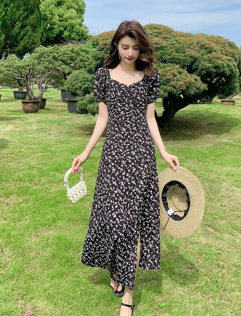 Square collar dress split long dress for women