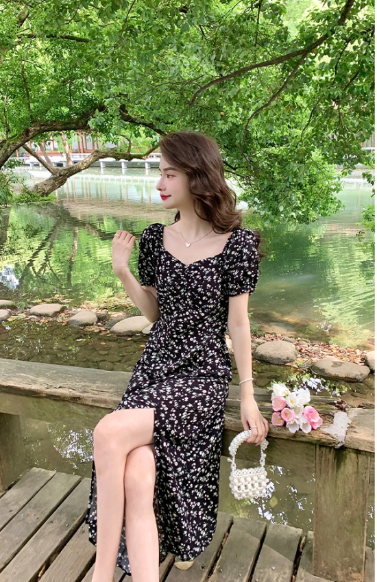 Square collar dress split long dress for women