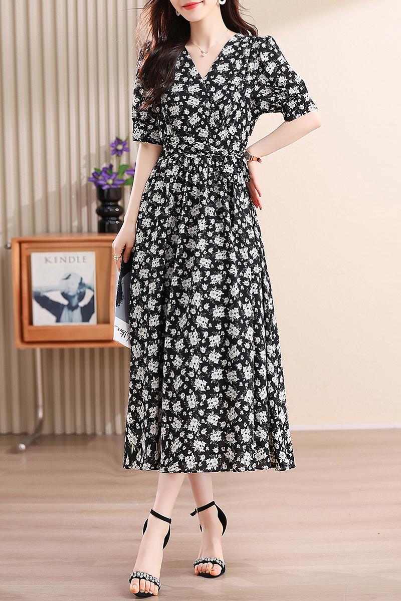 V-neck Cover belly temperament floral retro dress for women