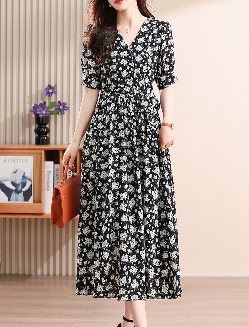 V-neck Cover belly temperament floral retro dress for women