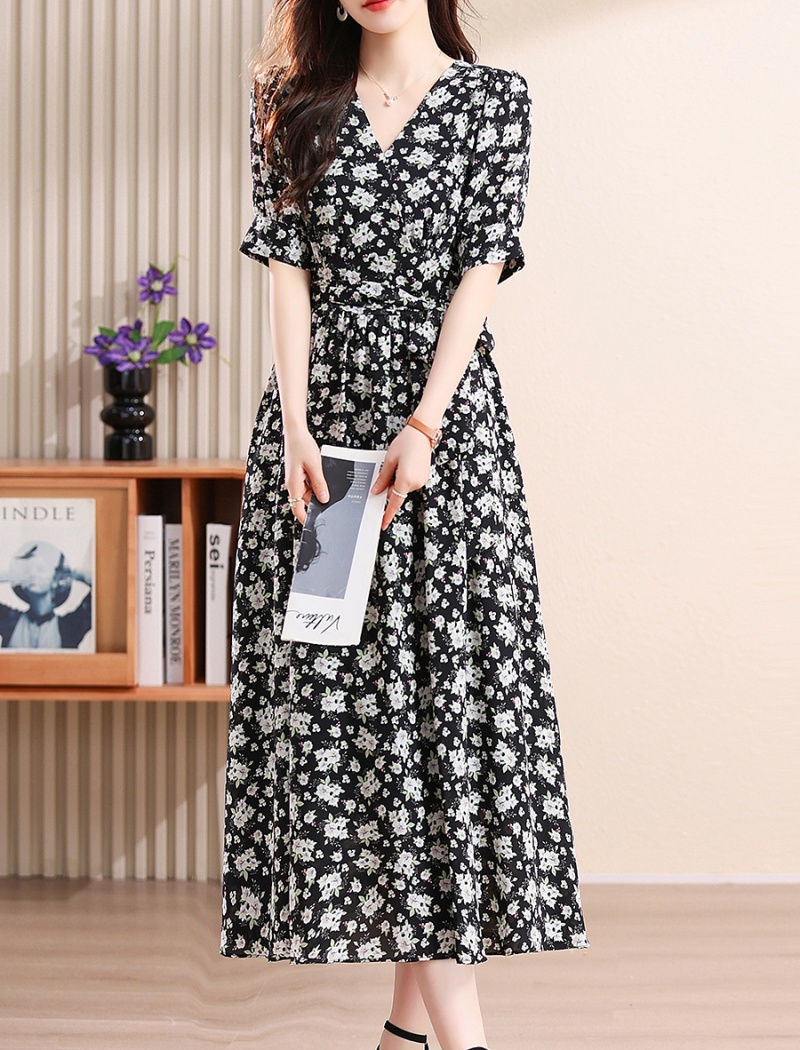 V-neck Cover belly temperament floral retro dress for women