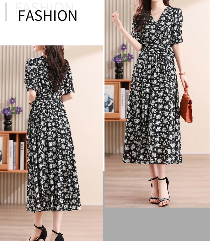 V-neck Cover belly temperament floral retro dress for women