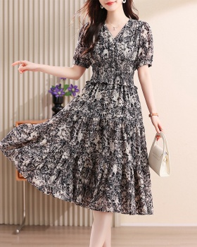 Printing black dress exceed knee long dress for women