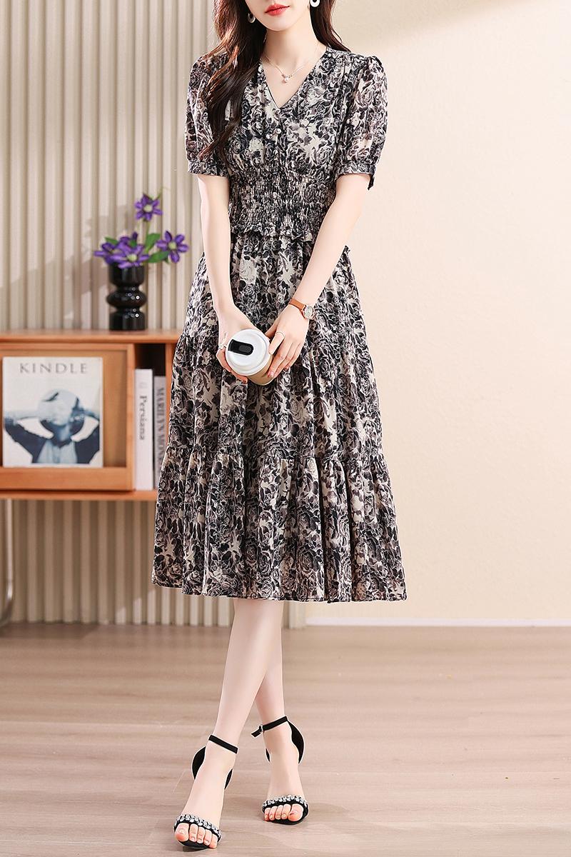 Printing black dress exceed knee long dress for women