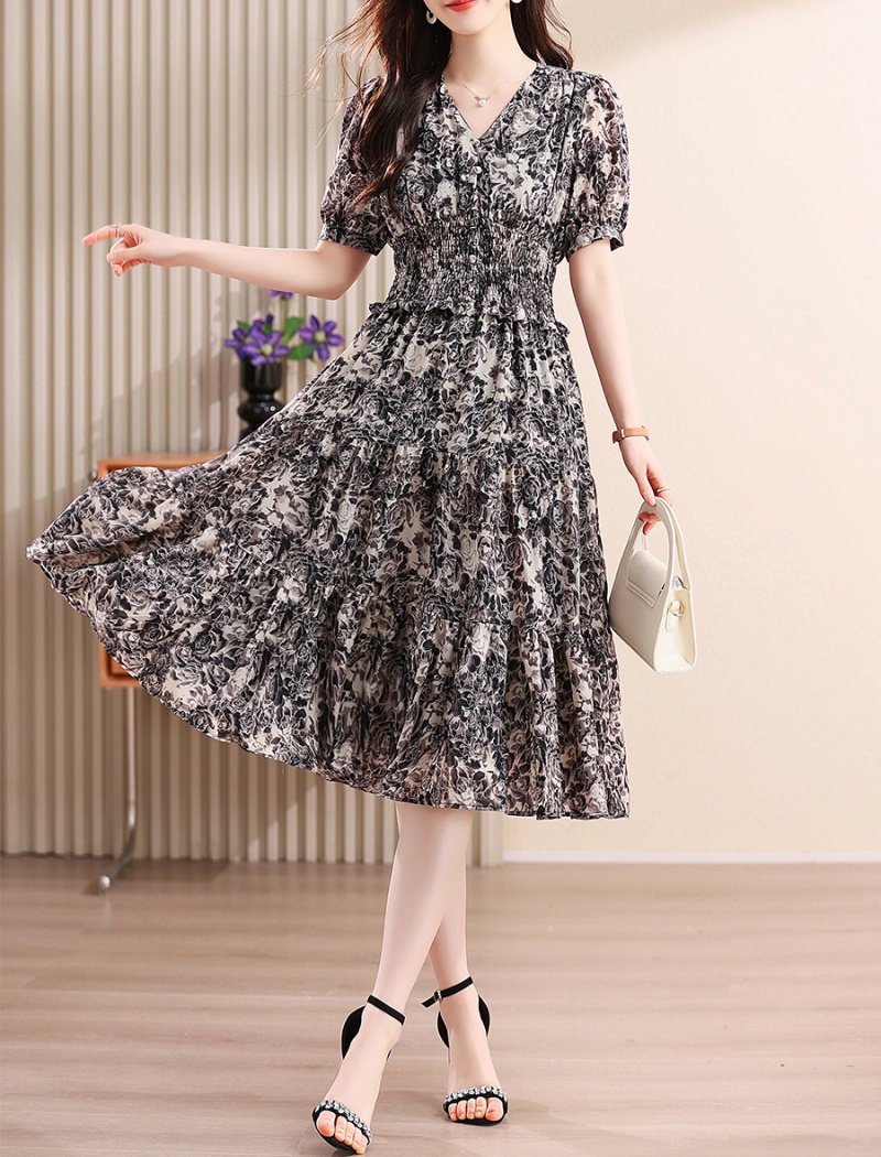 Printing black dress exceed knee long dress for women