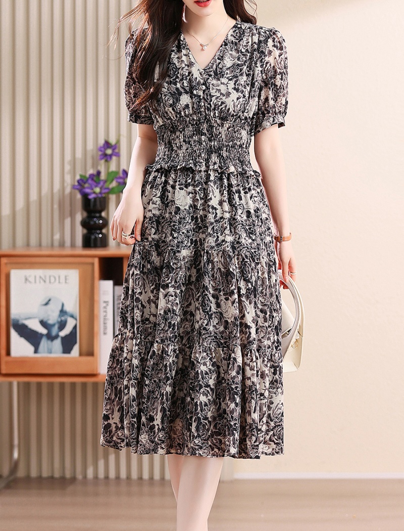 Printing black dress exceed knee long dress for women