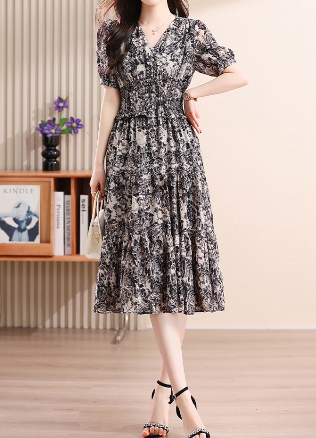 Printing black dress exceed knee long dress for women