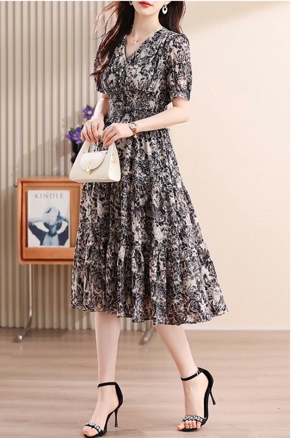 Printing black dress exceed knee long dress for women