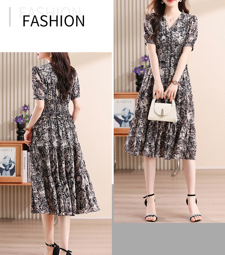 Printing black dress exceed knee long dress for women