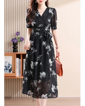 Pinched waist floral dress temperament long dress for women