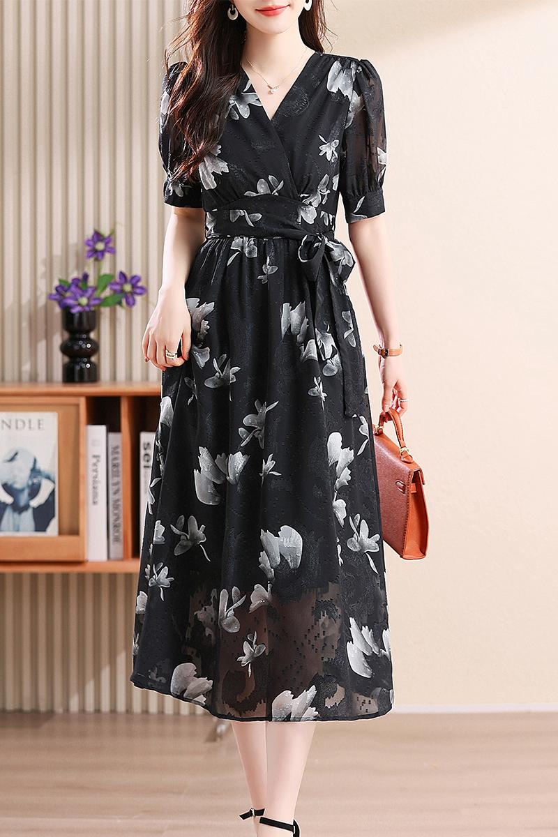 Pinched waist floral dress temperament long dress for women