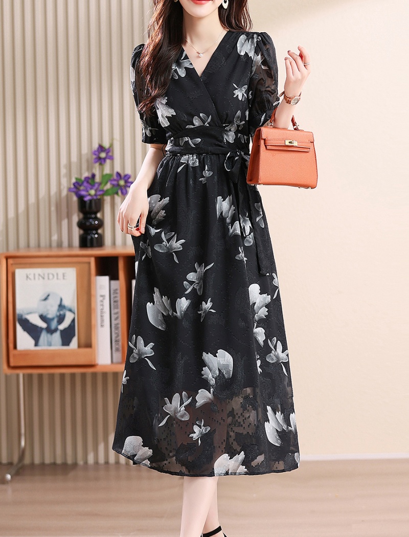 Pinched waist floral dress temperament long dress for women