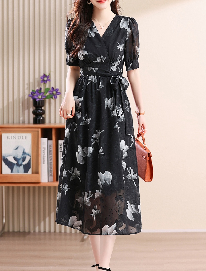 Pinched waist floral dress temperament long dress for women