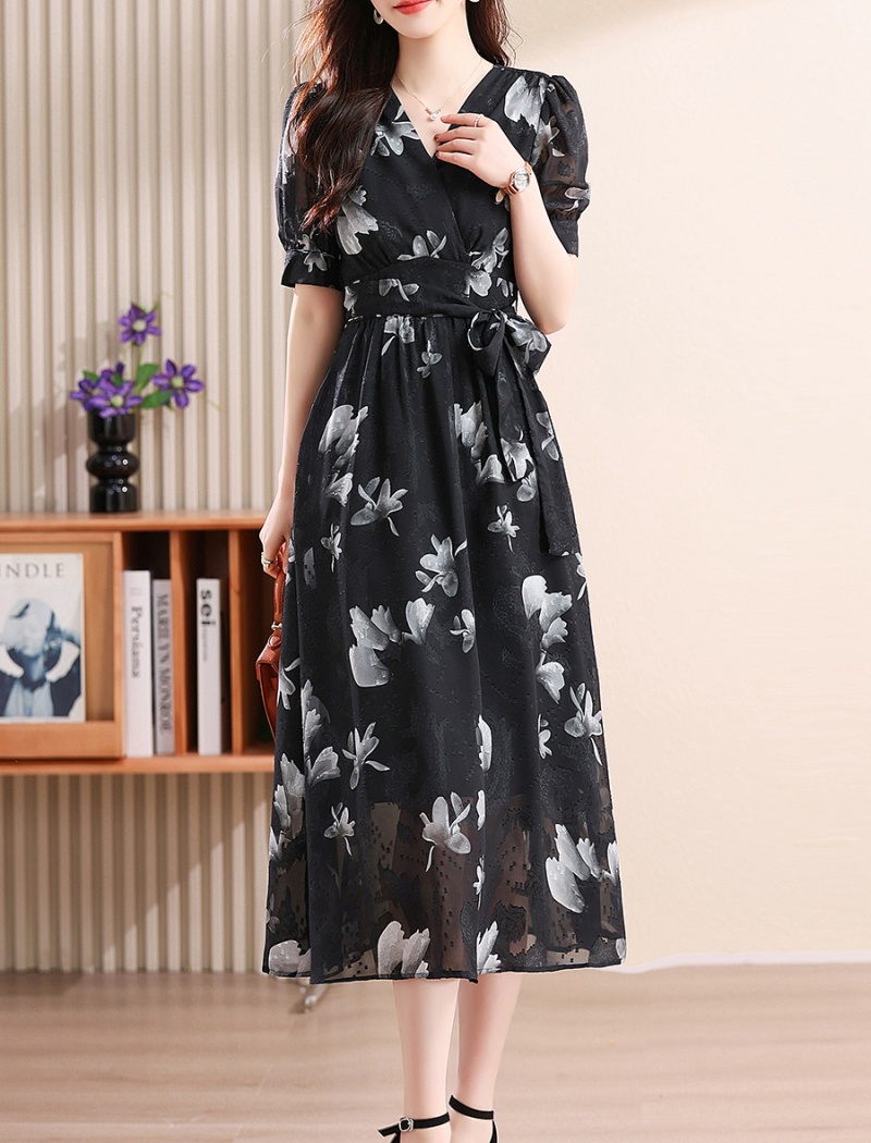 Pinched waist floral dress temperament long dress for women