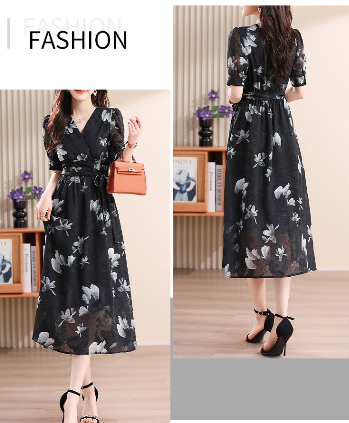 Pinched waist floral dress temperament long dress for women