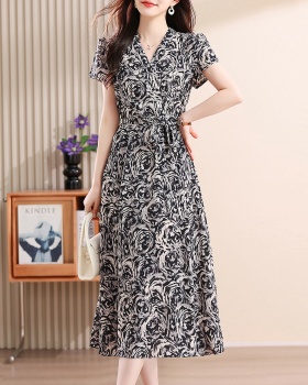 Temperament chiffon floral puff sleeve France style slim dress