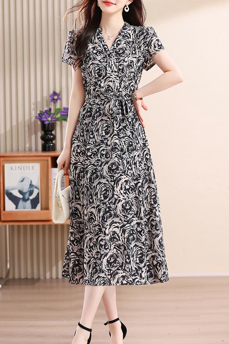 Temperament chiffon floral puff sleeve France style slim dress