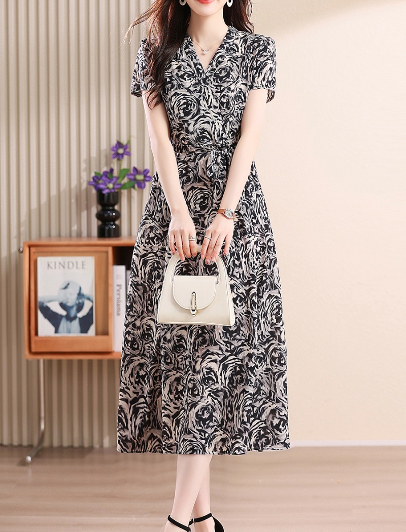 Temperament chiffon floral puff sleeve France style slim dress