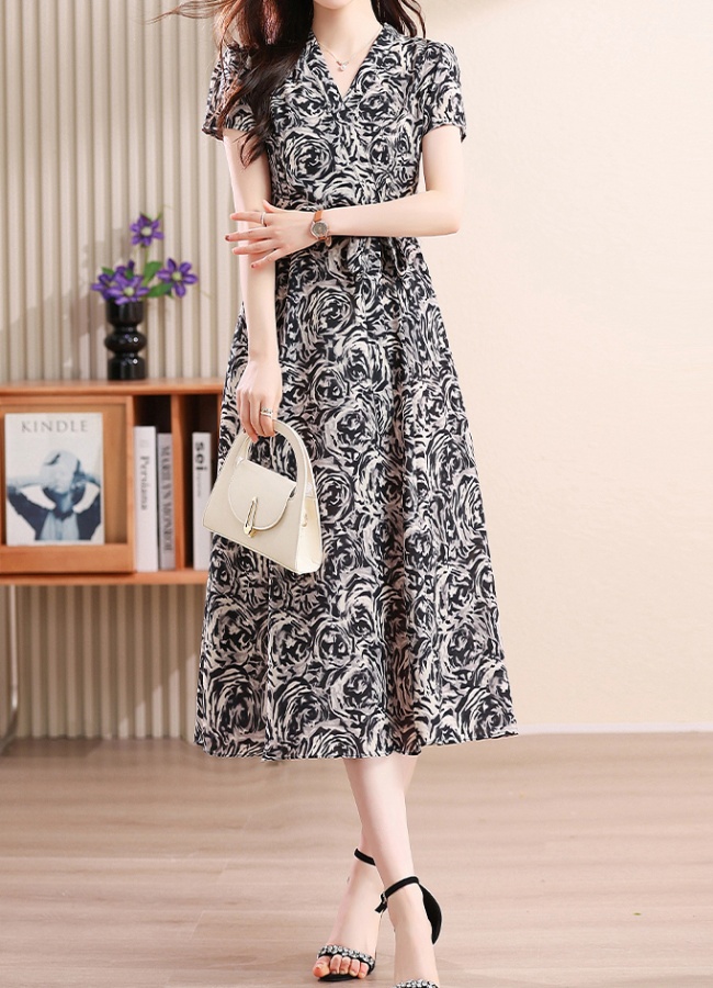 Temperament chiffon floral puff sleeve France style slim dress