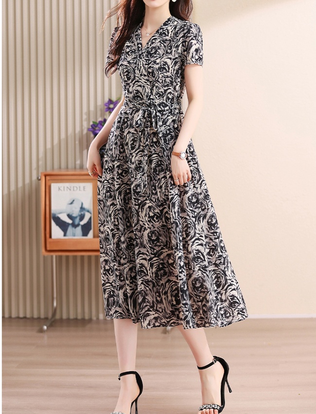 Temperament chiffon floral puff sleeve France style slim dress