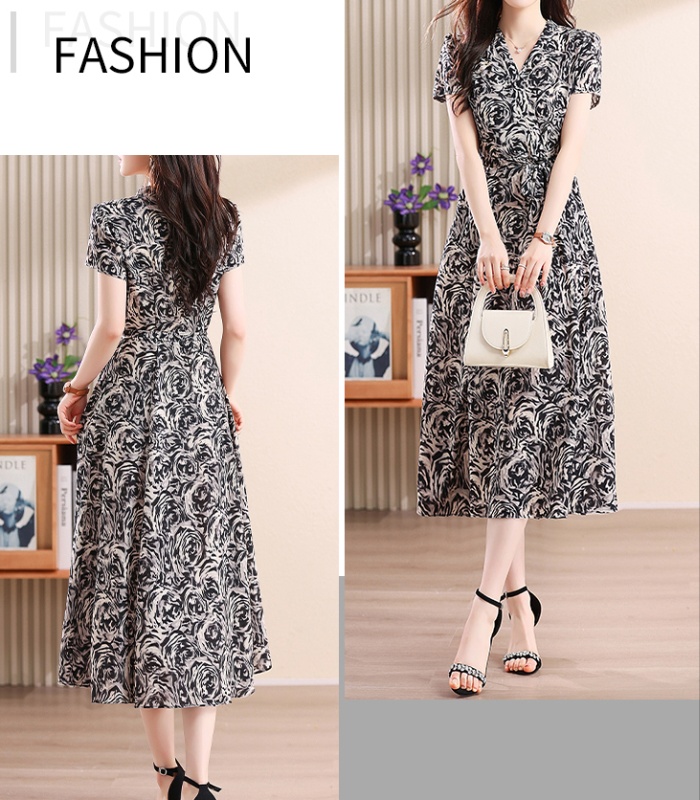 Temperament chiffon floral puff sleeve France style slim dress