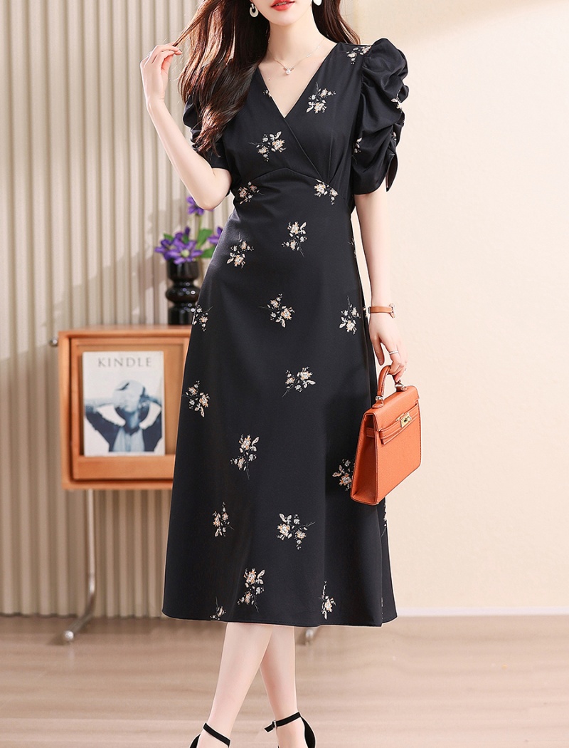 Unique V-neck dress floral long dress for women