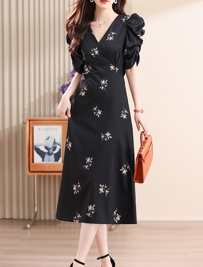 Unique V-neck dress floral long dress for women