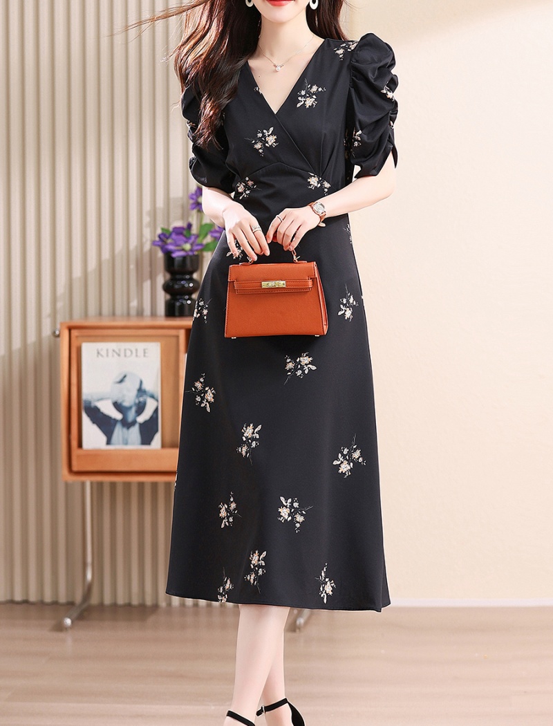 Unique V-neck dress floral long dress for women