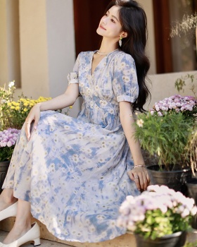 France style chiffon summer dress slim floral long dress for women