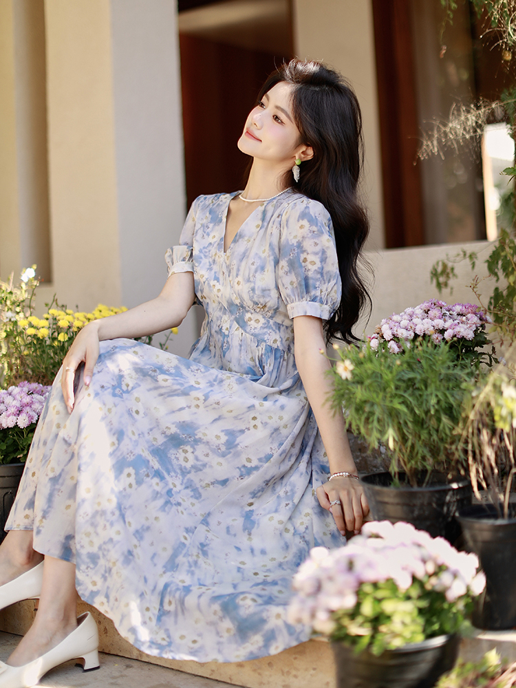 France style chiffon summer dress slim floral long dress for women