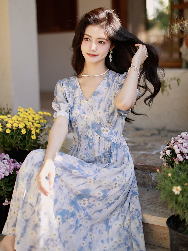 France style chiffon summer dress slim floral long dress for women