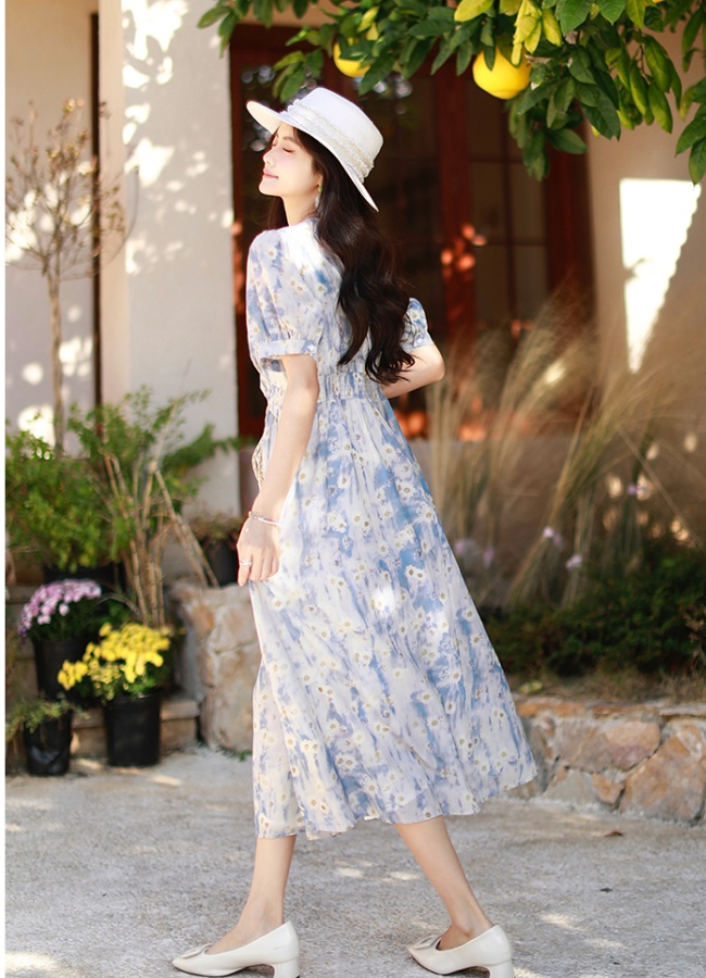 France style chiffon summer dress slim floral long dress for women