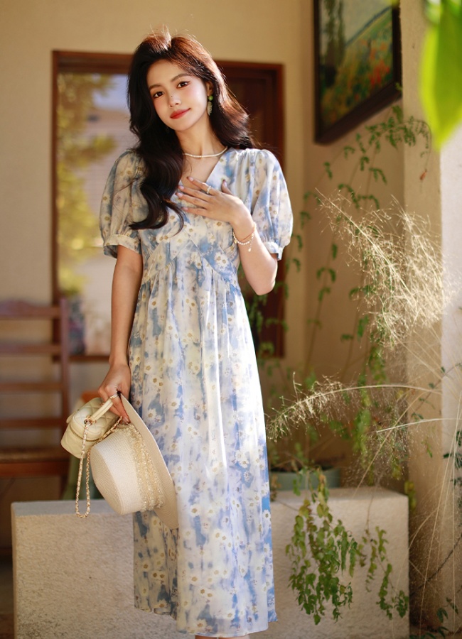 France style chiffon summer dress slim floral long dress for women