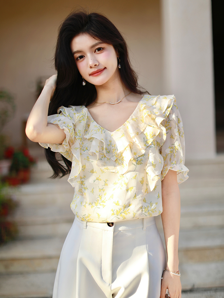 Lotus leaf edges tops V-neck chiffon shirt for women